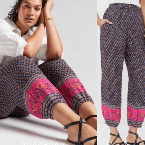Anthropologie Pants - Anthropologie Smocked Balloon Leg Pant Navy Pink Paisley Women Boho Casual 14